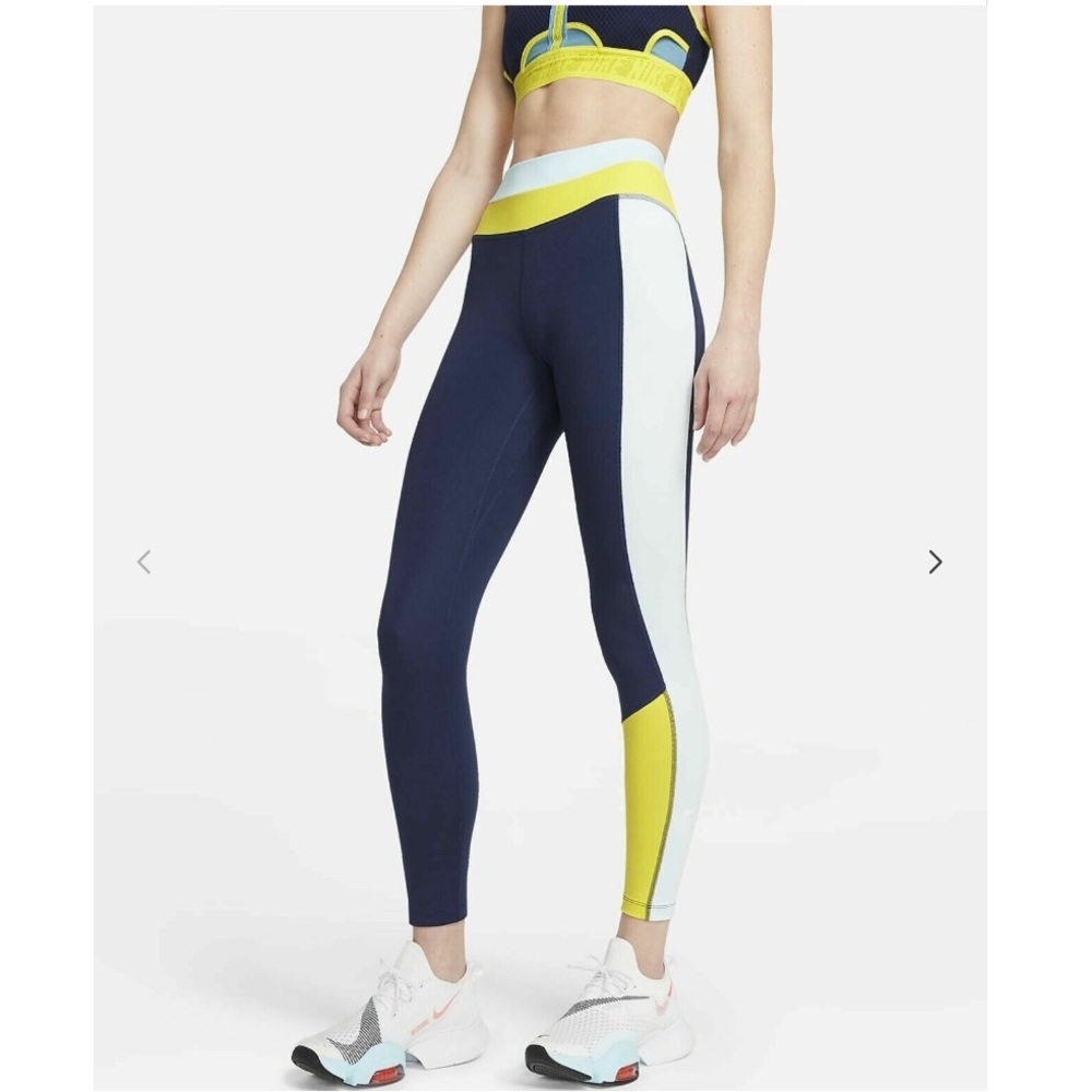 Nike Womens Blue Yellow One Dri-FIT Colorblocked Mid-Rise soft leggings NVW